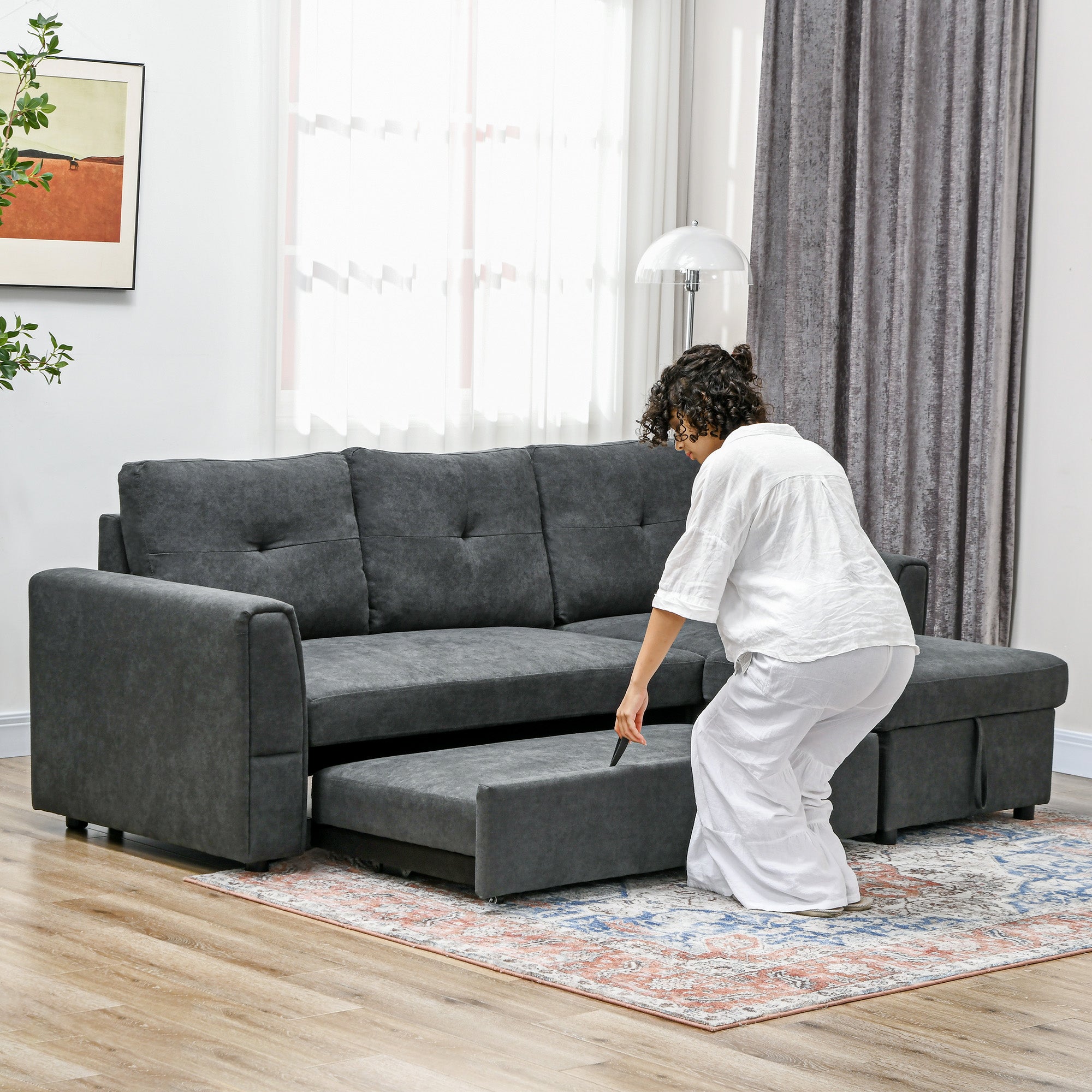 HOMCOM 3 Seater Sofa Bed, Pull Out Sofa Bed with Storage for Living Room, Dark Grey