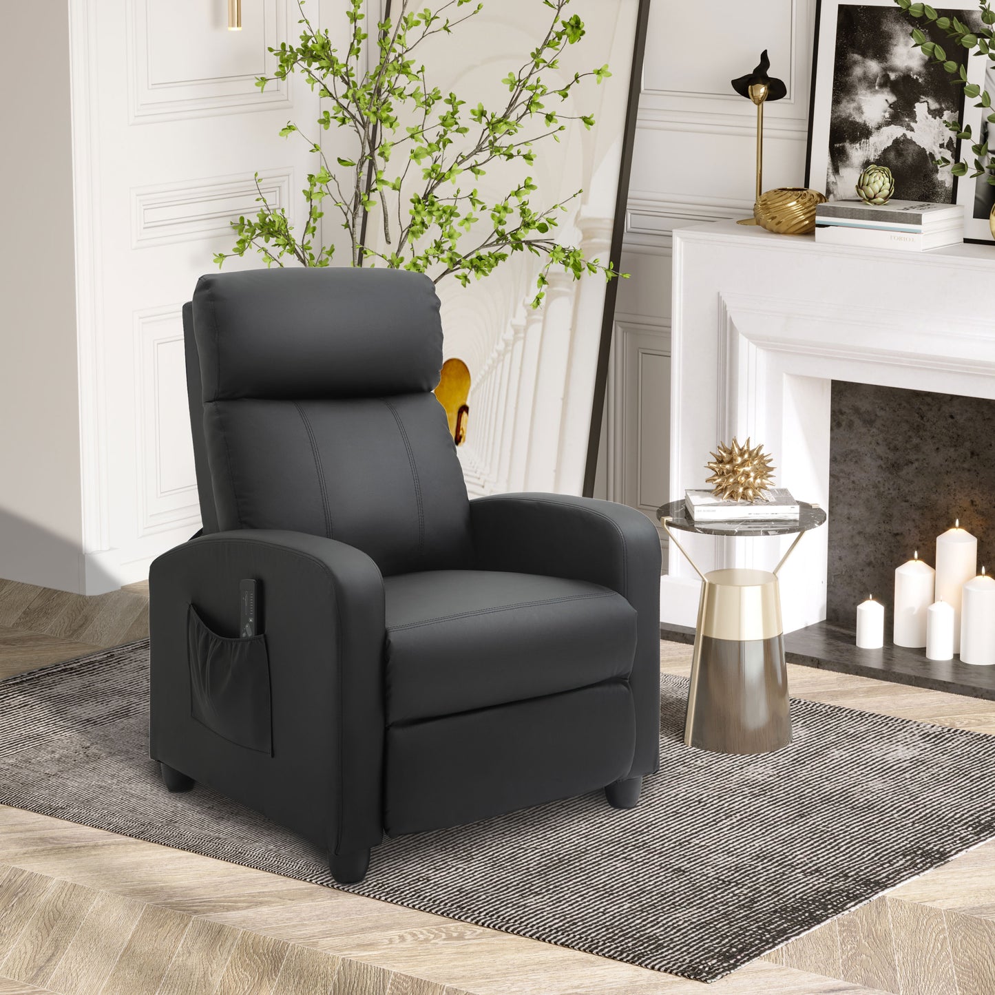 Massage Recliner Armchair with 150° Recline, Faux Leather, Side Pocket, Black