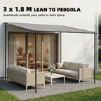 Outsunny 3 x 2 m Lean to Garden Pergola, Metal Frame Gazebo Pergola with UPF30+ Protection, Sloped Roof, Drainage Holes, Grey