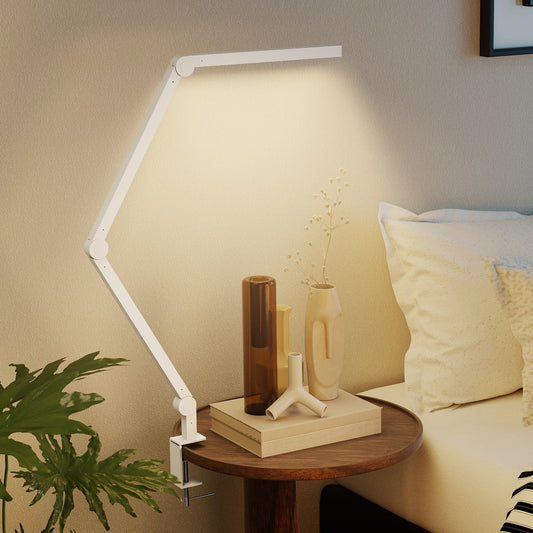 LED Desk Lamp, Dimmable Desk Light with Swing Arm and Clamp, Adjustable Eye-Caring Table Lamp with 2 Colour Modes & 5 Brightness Levels for Study, Drawing, Office, Architect, Task, White
