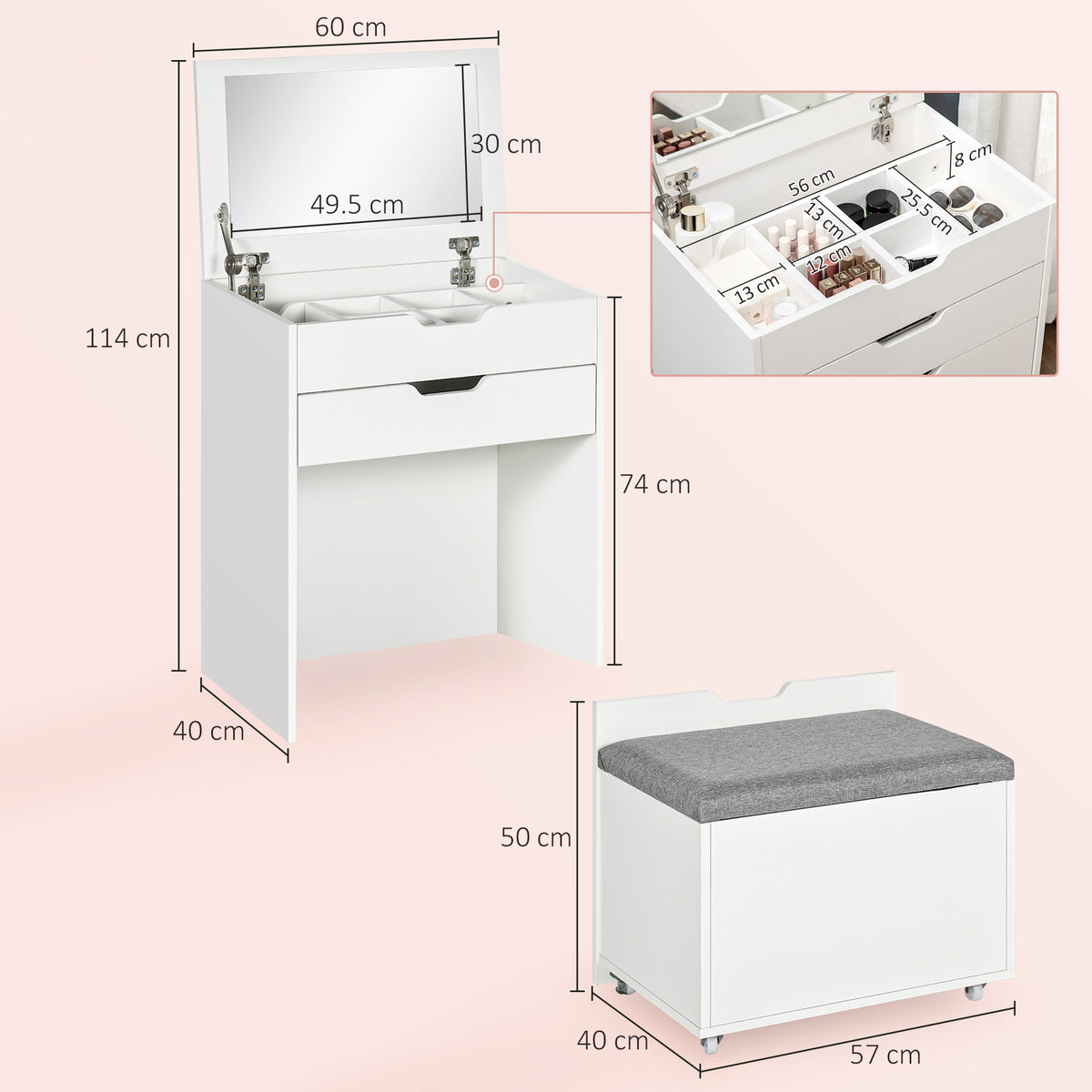 Dressing Table with Flip-up Mirror and Storage Stool, Vanity Table with Drawer and Hidden Compartments for Bedroom, Living Room, White