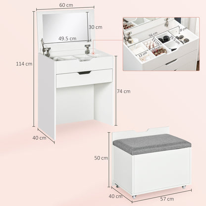 Dressing Table with Flip-up Mirror and Storage Stool, Vanity Table with Drawer and Hidden Compartments for Bedroom, Living Room, White