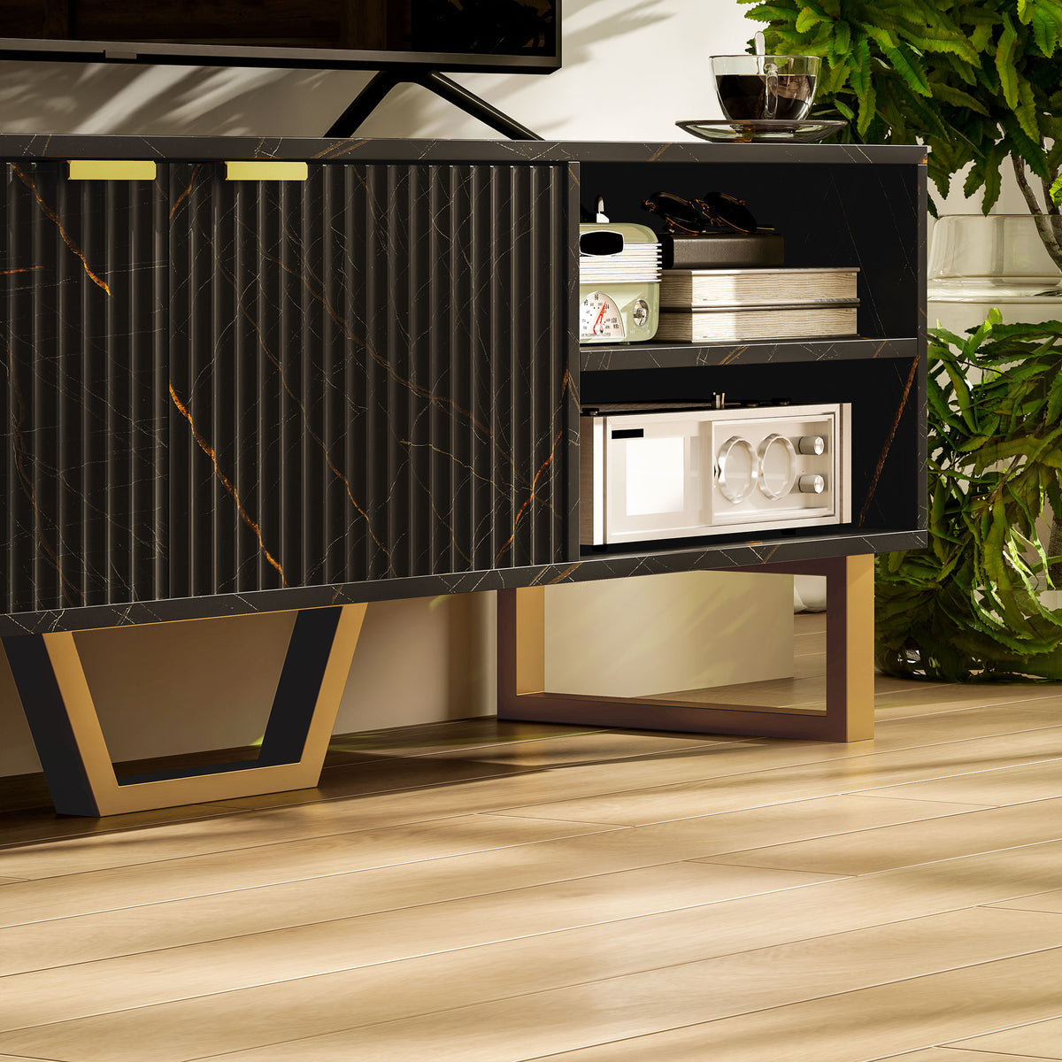 Marble Effect TV Unit, Modern TV Stand Cabinet for up to 70" TVs, with Shelves and Storage Cupboard, Fluted Door, Extra Centre Leg, Cable Management for Living Room, Black
