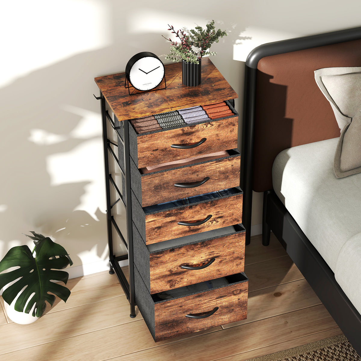 Chest of Five Fabric Drawers - Rustic Brown