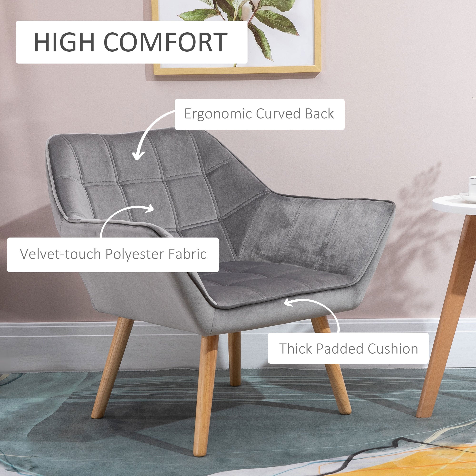 HOMCOM Accent Chair, Velvet Upholstered Vanity Tub Chair with Flared Armrests, Slanted Back, Solid Wood Legs, Comfy Padding Armchair, Home Bedroom Furniture Seating, Grey