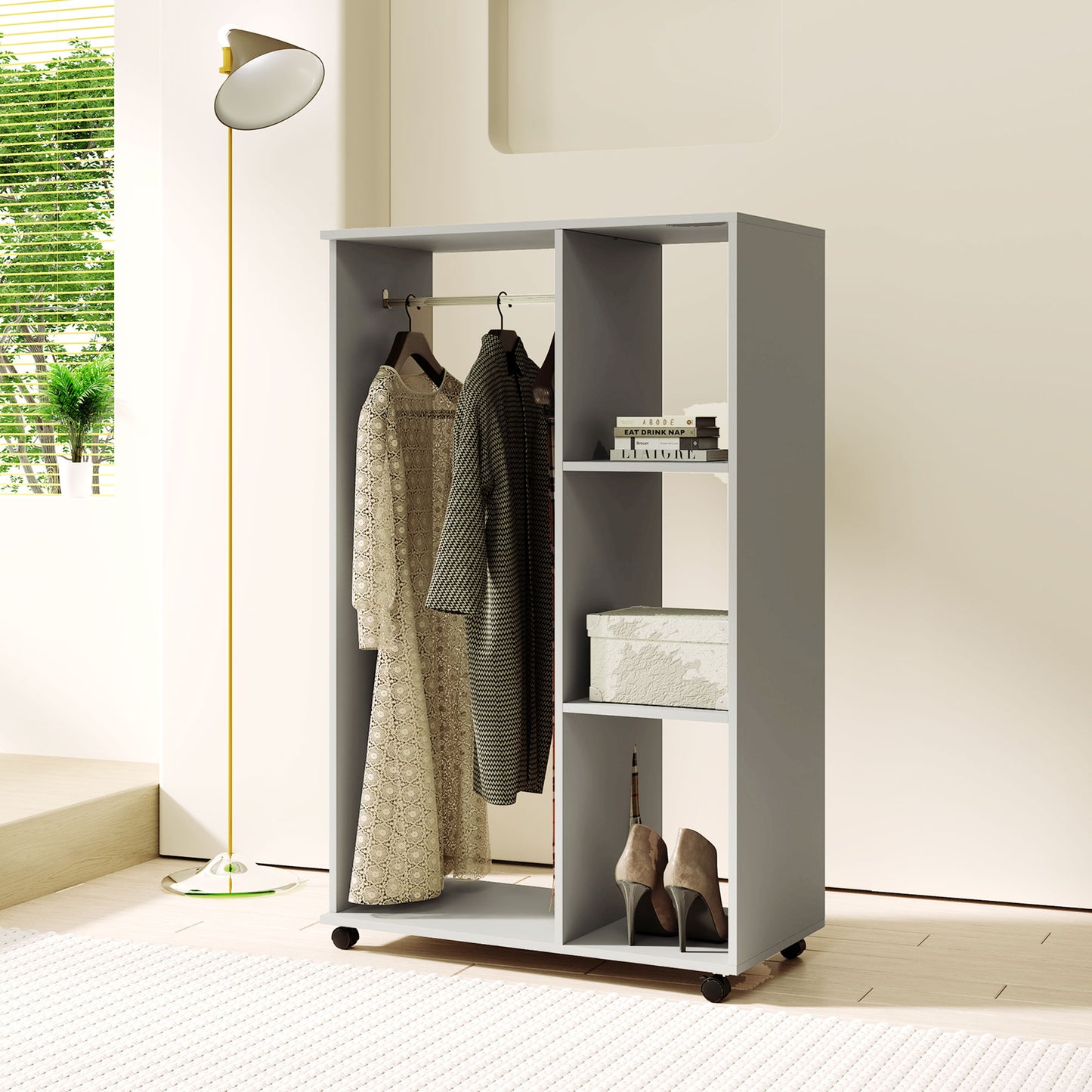 Open Wardrobe on Wheels, Bedroom Wardrobe with Clothes Hanging Rail, 3 Storage Shelves, Mobile Garment Rack for Cloakroom, Hallway, Grey