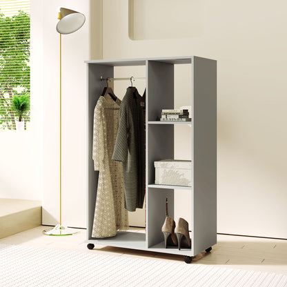 Open Wardrobe on Wheels, Bedroom Wardrobe with Clothes Hanging Rail, 3 Storage Shelves, Mobile Garment Rack for Cloakroom, Hallway, Grey