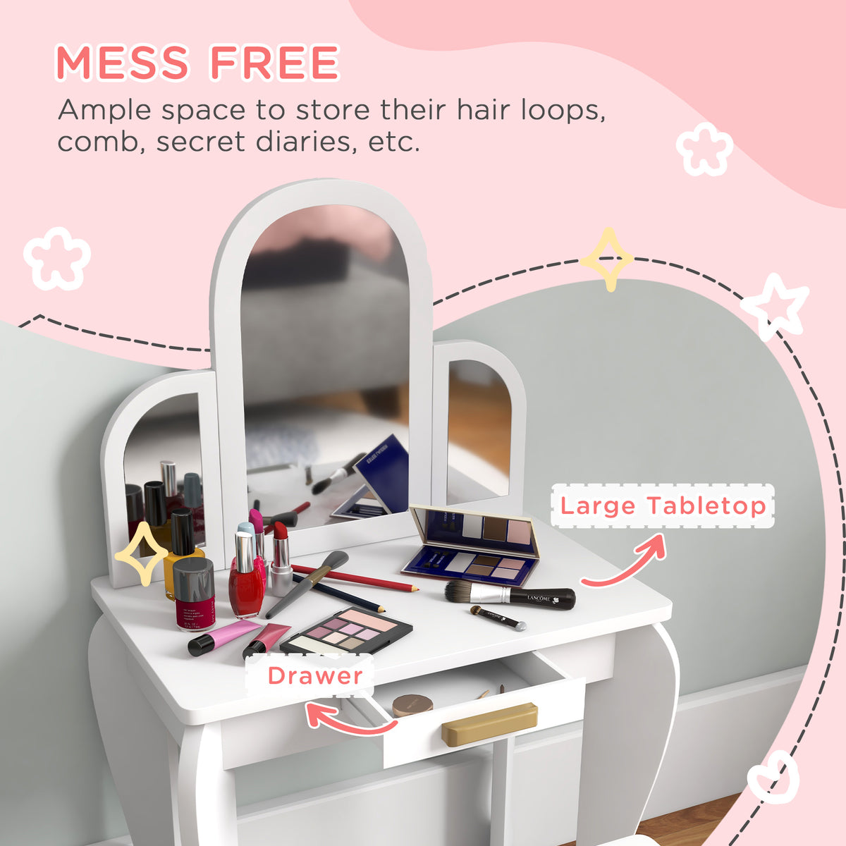 Kids Dressing Table Set, with Mirror and Drawer - White