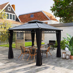 Outsunny 3 x 3 (m) Outdoor Polycarbonate Gazebo, Double Roof Hard Top Gazebo with Galvanised Steel Frame, Nettings & Curtains for Garden, Lawn, Patio and Deck, Dark Grey