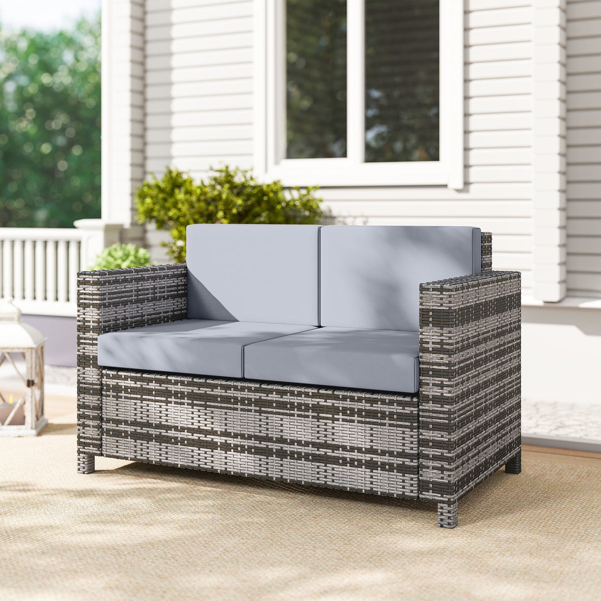 Outsunny Rattan Sofa, 2 Seater Garden Furniture with Soft Padded Cushion and Armrests, Wicker Garden Loveseat for Patio, Mixed Grey