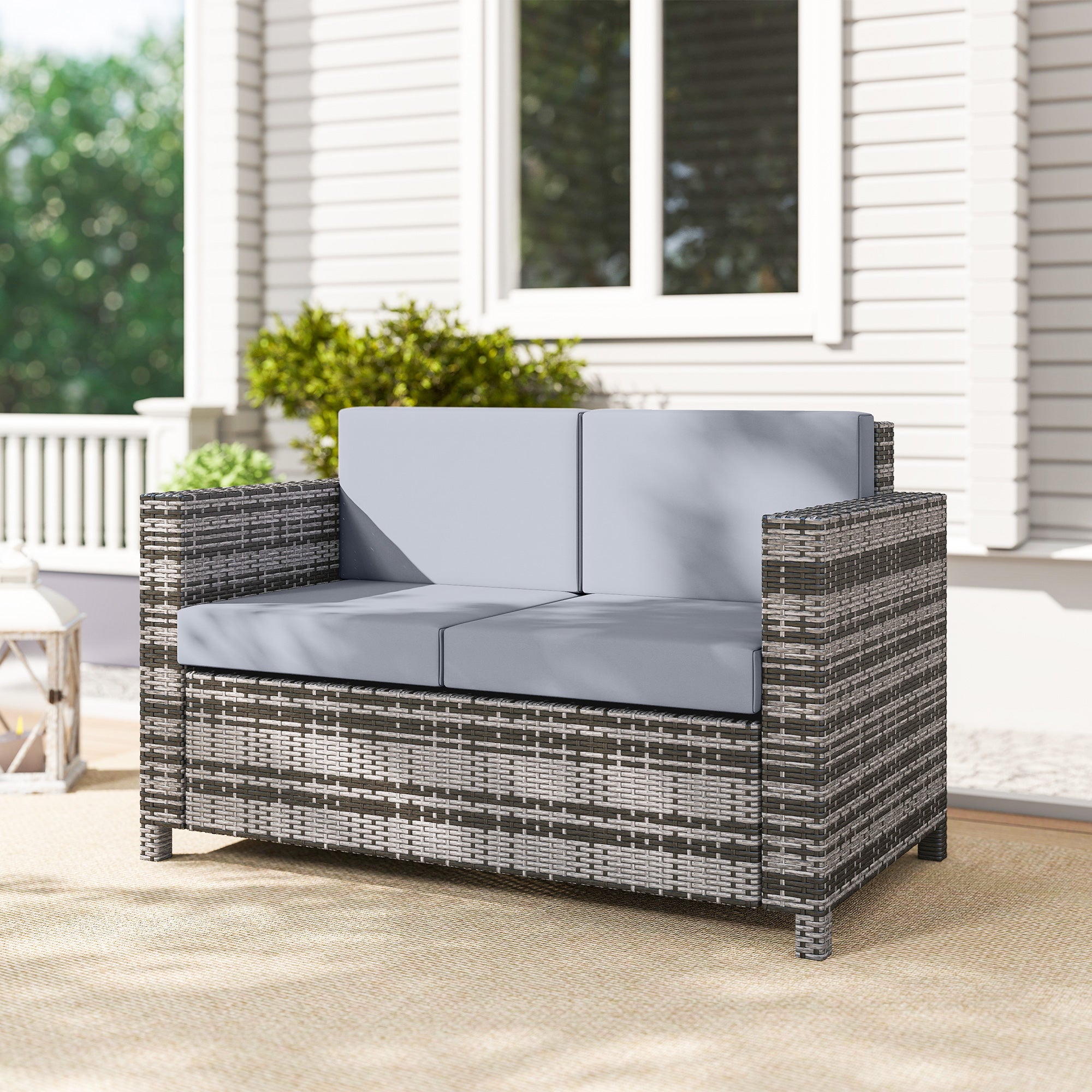 Outsunny Rattan Sofa, 2 Seater Garden Furniture with Soft Padded Cushion and Armrests, Wicker Garden Loveseat for Patio, Mixed Grey