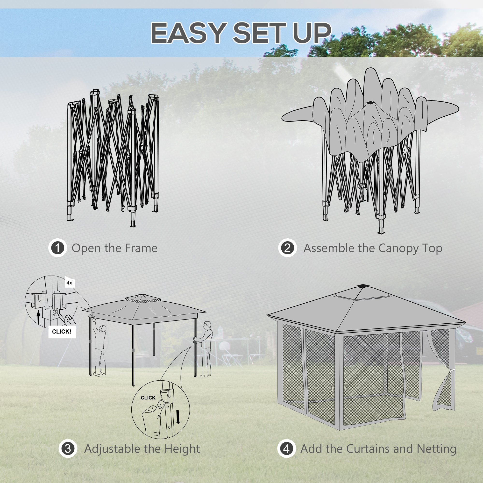 Outsunny 3.36 x 3.36m Pop Up Gazebo Party Tent with Solar-Powered LED Lights, Adjustable Event Shelter with Netting, Grey
