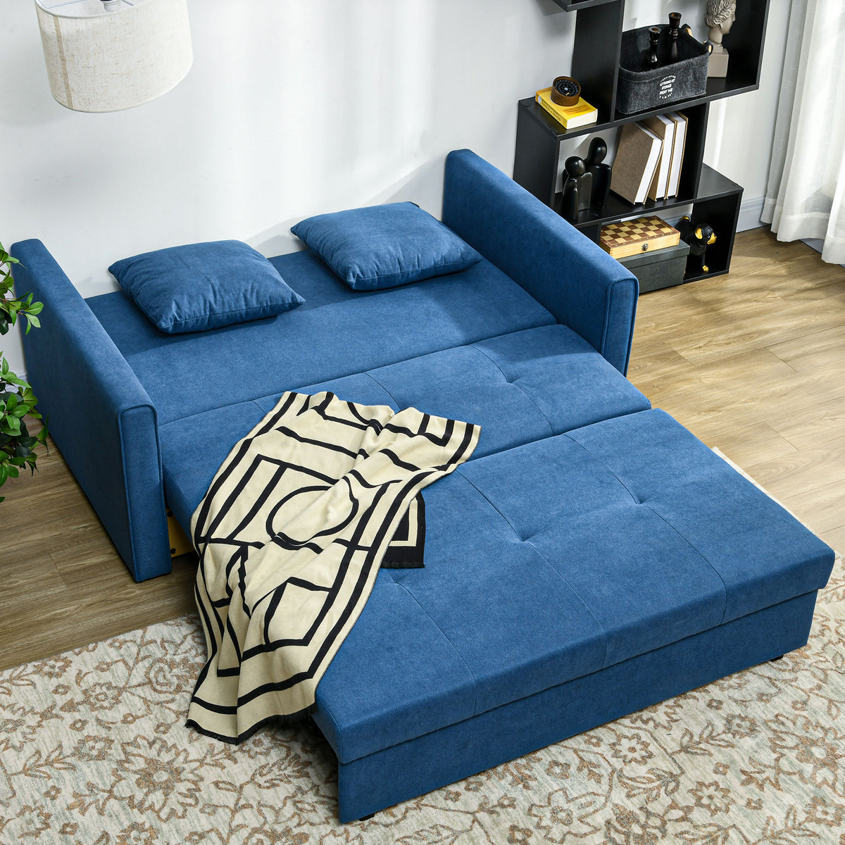 2 Seater Sofa Bed with Hidden Storage, Pull Out Convertible Bed Settee, Modern Snow Flannel Loveseat Sofa Sleeper with 2 Cushions for Living Room, Guest Room, Deep Blue
