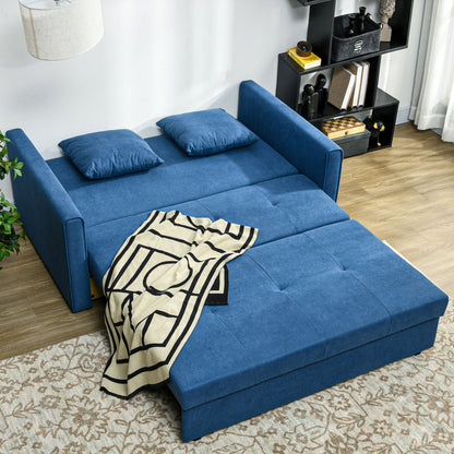 2 Seater Sofa Bed with Hidden Storage, Pull Out Convertible Bed Settee, Modern Snow Flannel Loveseat Sofa Sleeper with 2 Cushions for Living Room, Guest Room, Deep Blue