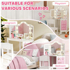 AIYAPLAY Kids Dressing Table and Stool Set, Girls Vanity Table with 2-Colour LED Lights, Tri-Folding Mirror, White