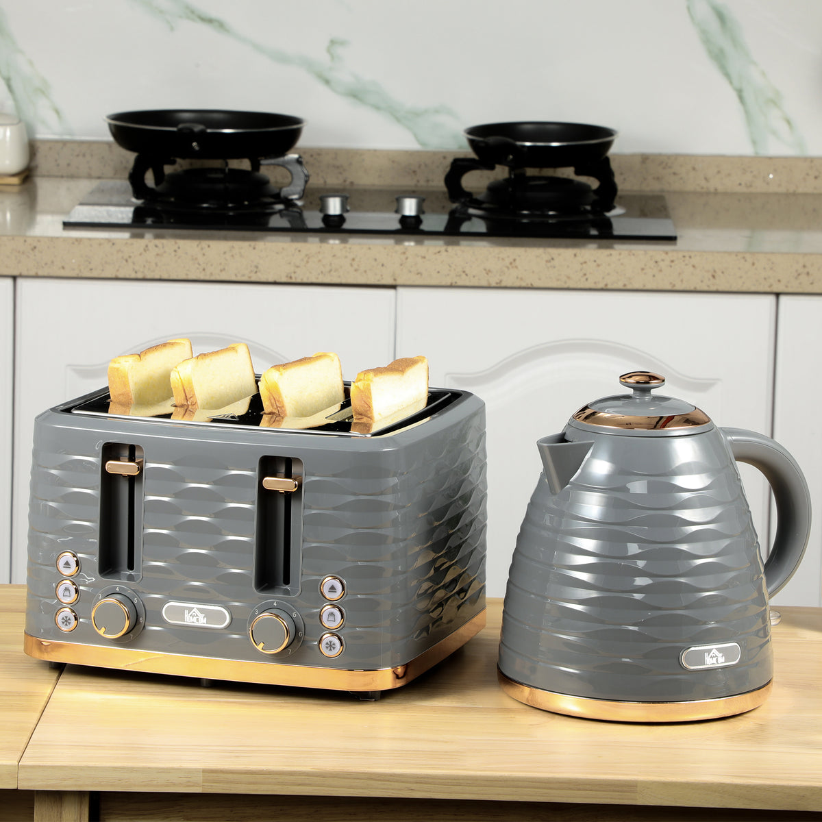 Kettle and Toaster Sets, 3000W 1.7L Rapid Boil Kettle & 4 Slice Toaster with 7 Browning Controls, Defrost, Reheat and Crumb Tray, UK Otter thermostat, Grey