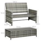 Outsunny Rattan Garden Daybed, Assembled Double Sun Lounger with 5-Level Adjustable Back, Storage Ottoman, Cushions, Pillows and Retractable Trays, Outdoor Loveseat Sofa Bed for Patio, Mixed Grey
