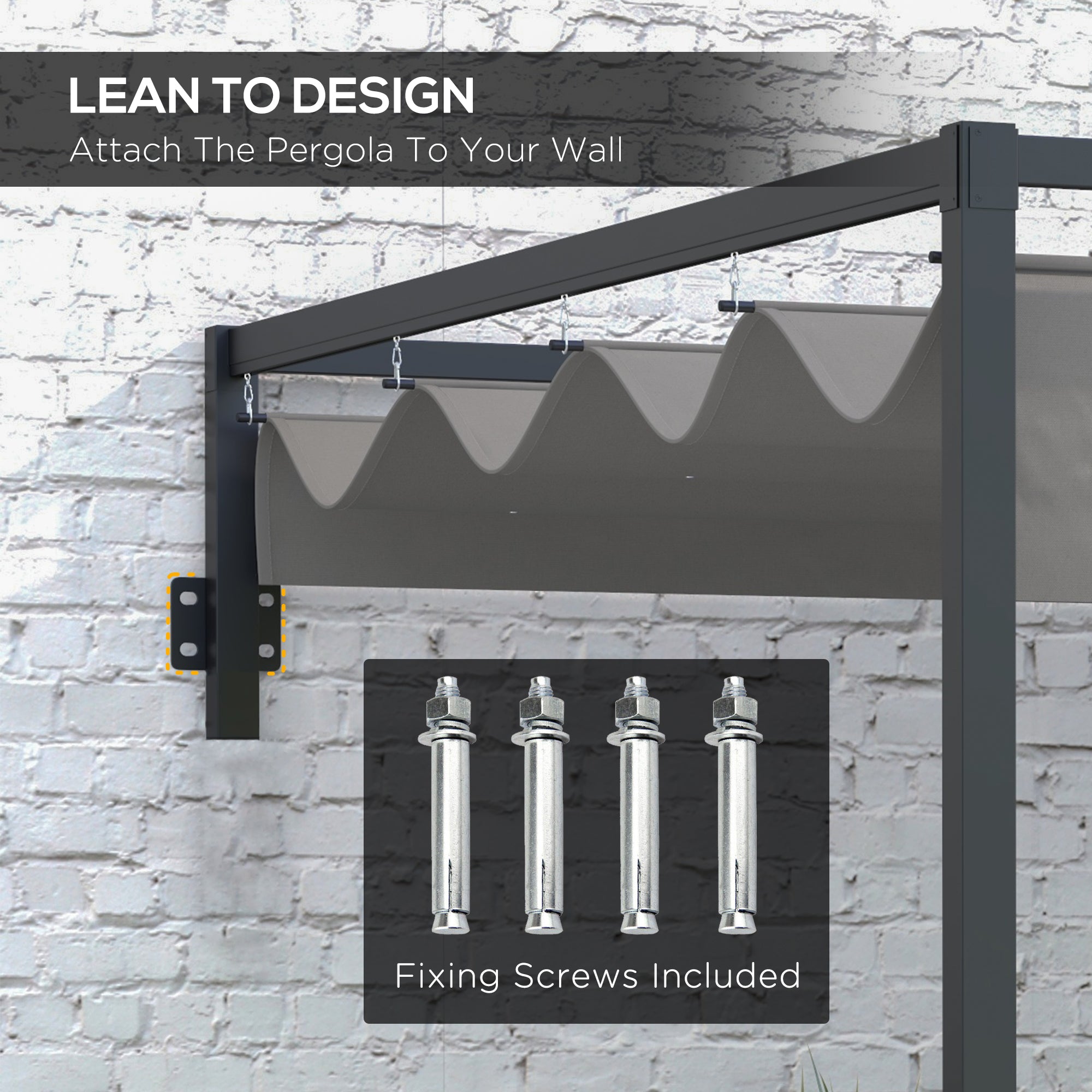 Outsunny 3 x 4m Lean To Steel Pergola with Moving Fabric Canopy - Dark Grey
