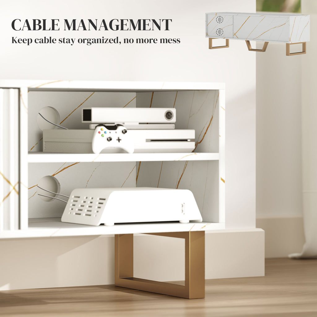 Marble Effect TV Unit, Modern TV Stand Cabinet for up to 70" TVs, with Shelves and Storage Cupboard, Fluted Door, Extra Centre Leg, Cable Management for Living Room, White