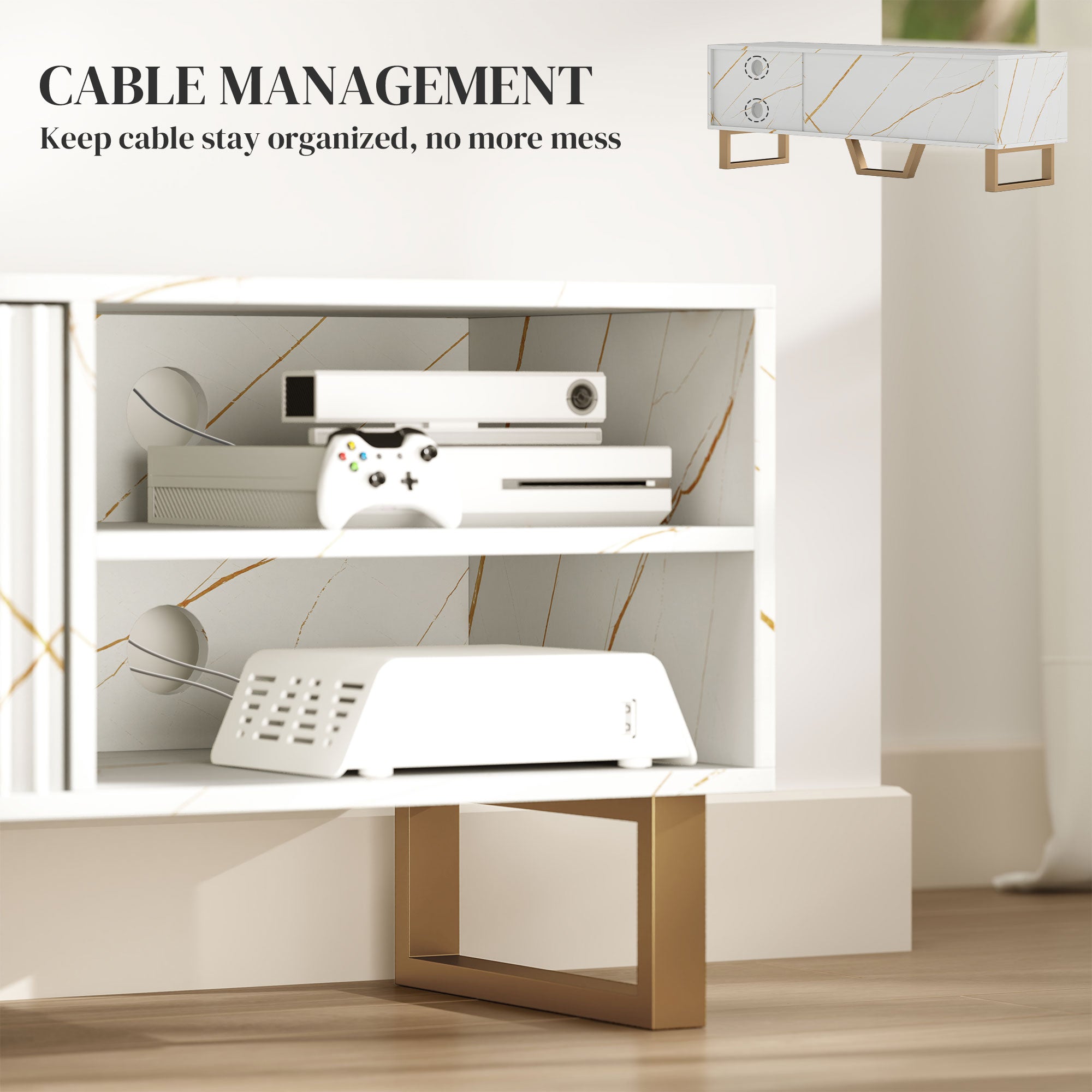 Marble Effect TV Unit, Modern TV Stand Cabinet for up to 70" TVs, with Shelves and Storage Cupboard, Fluted Door, Extra Centre Leg, Cable Management for Living Room, White