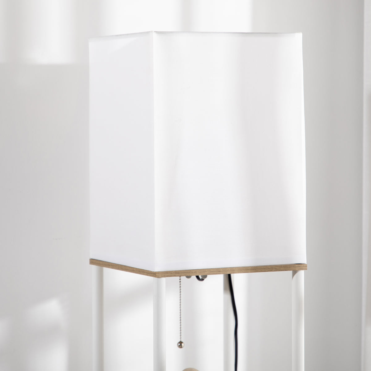 Modern Metal Floor Lamp with Shelves, 3 Layer Shelf Tall Standing Lamp with Fabric Lampshade, Pull Chain Switch for Living Room, Bedroom, Bulb not Included, White