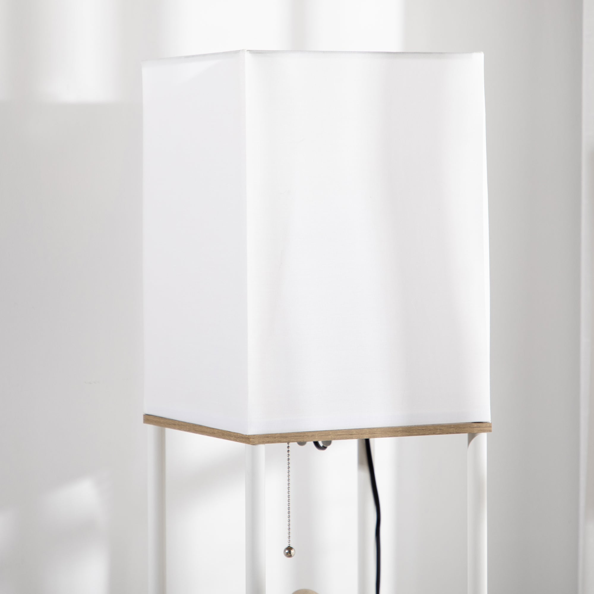 Modern Metal Floor Lamp with Shelves, 3 Layer Shelf Tall Standing Lamp with Fabric Lampshade, Pull Chain Switch for Living Room, Bedroom, Bulb not Included, White