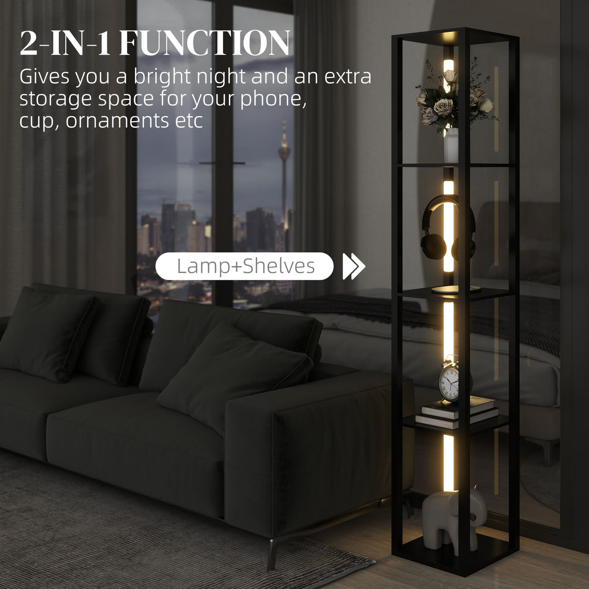 LED Floor Lamp with Shelves, Modern Dimmable Standing Lamp with 3 Brightness Levels and Foot Switch for Living Room, Bedroom, Office, Black