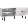 TV Stand with Cupboard, Open Shelves, Striped Doors, Wooden legs, White