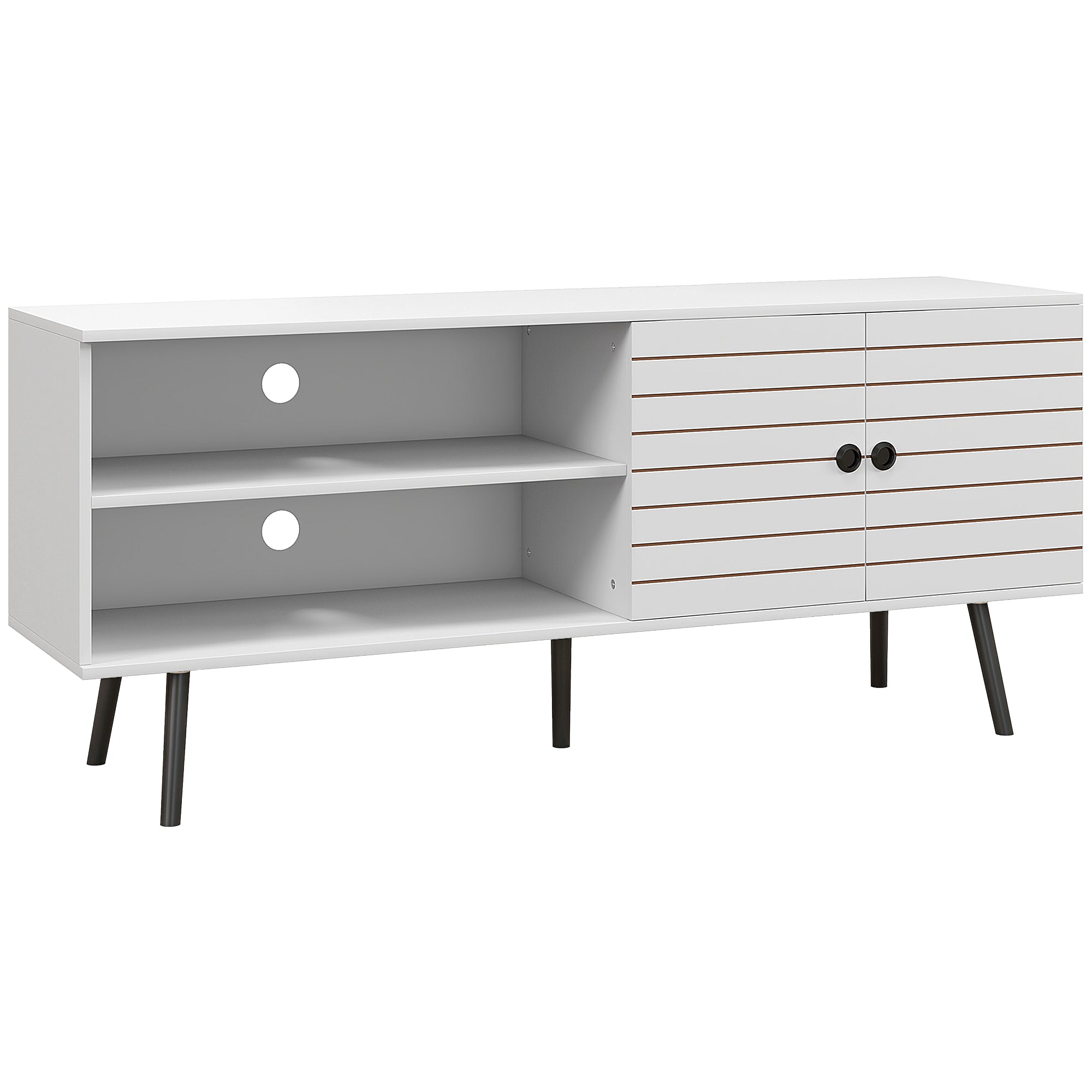 TV Stand with Cupboard, Open Shelves, Striped Doors, Wooden legs, White