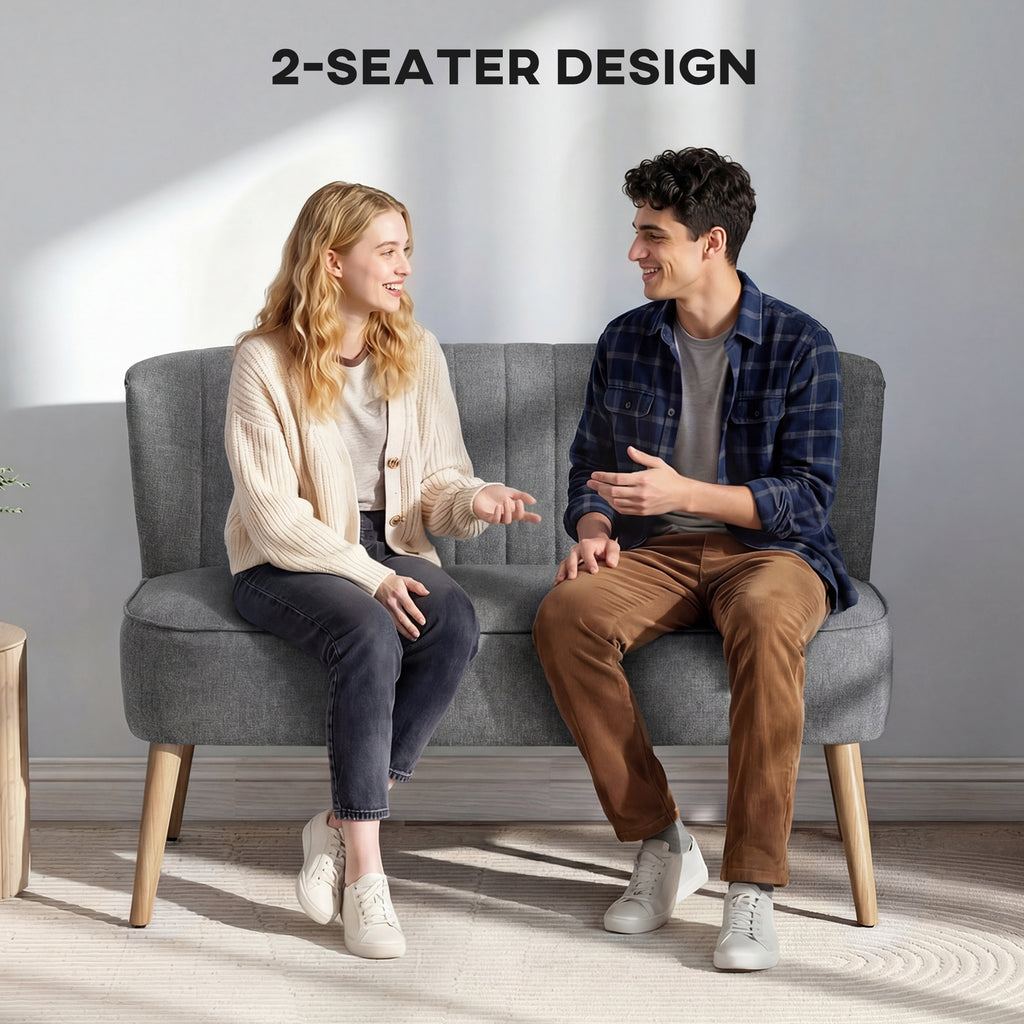 HOMCOM Modern Double Seat Sofa Loveseat Couch 2 Seater Compact Sofa Padded Linen Wood Leg Grey
