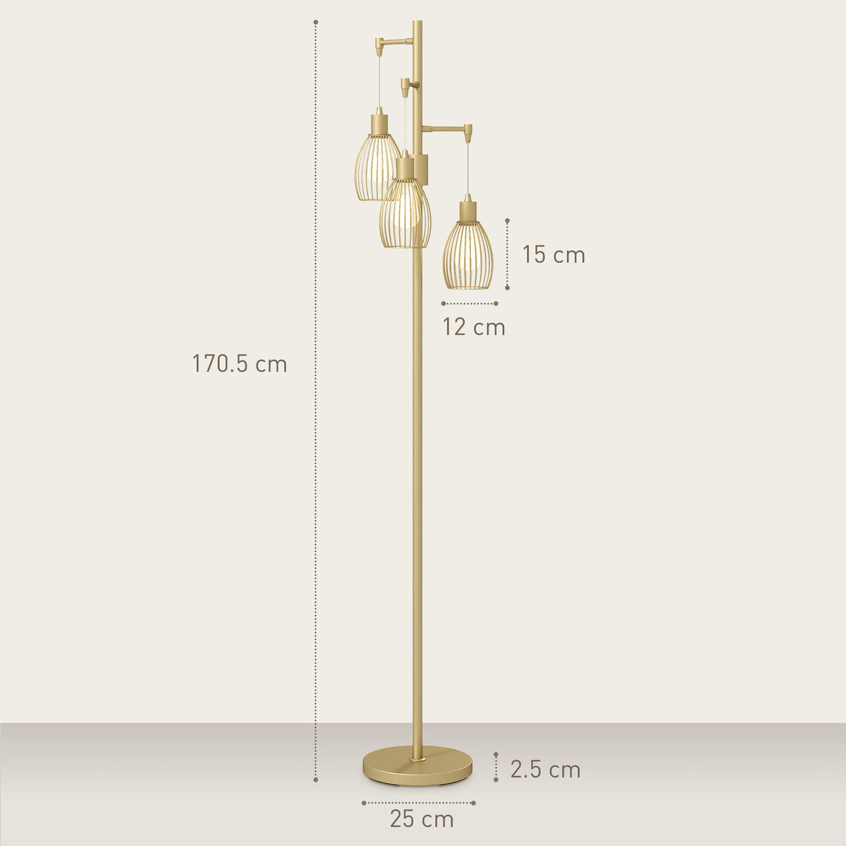 3-Light Floor Lamp, 170cm Industrial Dimmable Standing Lamp with Steel Wire Cage Lampshades for Living Room, Bedroom, Dining Room, Study, Bulb Not Included, Gold Tone