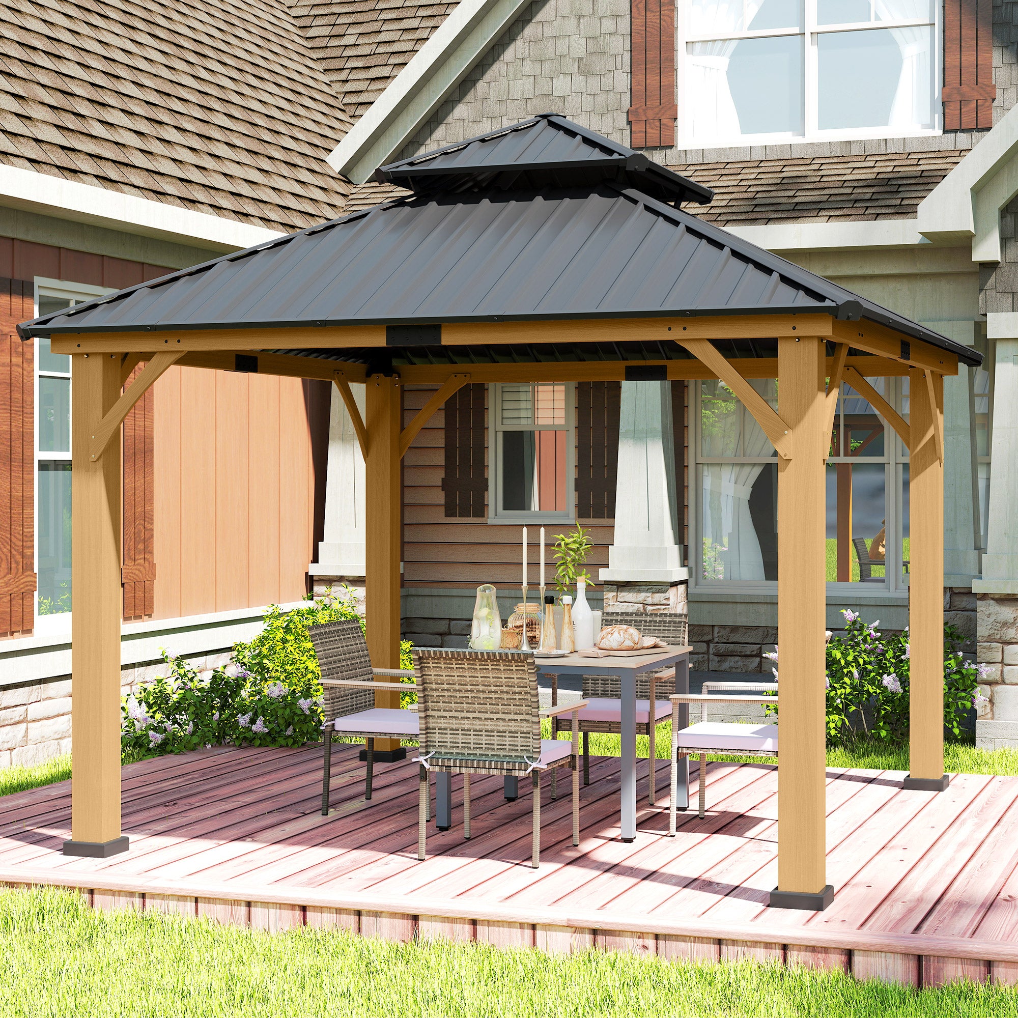 Outsunny 3.5 x 3.5m Outdoor Hardtop Gazebo Canopy with Two-tier Metal Roof, Black