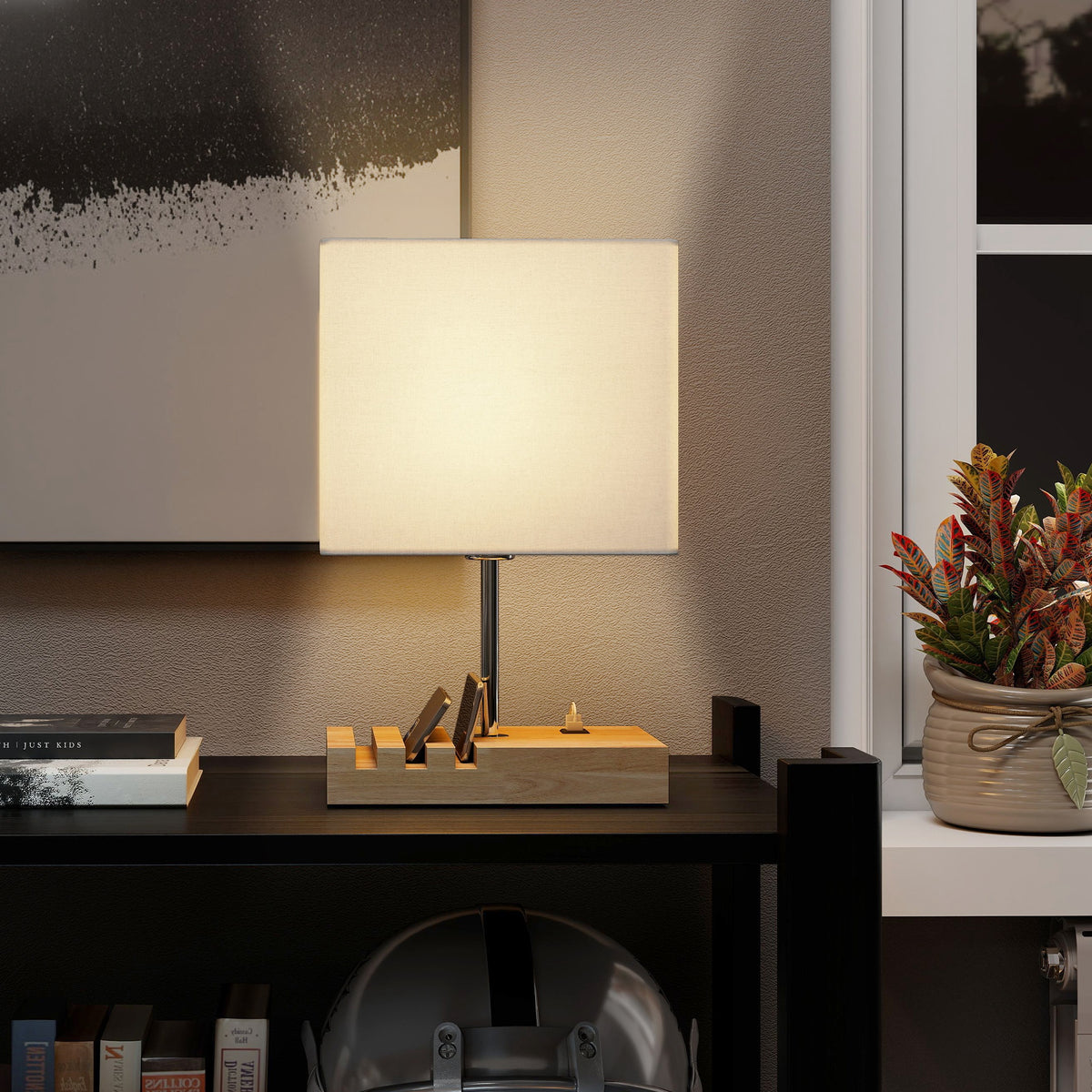 Bedside Lamp with USB A+C Charging Ports and 3 Phone Stands, Modern Table Lamp with Solid Wood Base and Fabric Shade for Bedroom Living Room Office, E27 Socket, Bulb Not Included, White