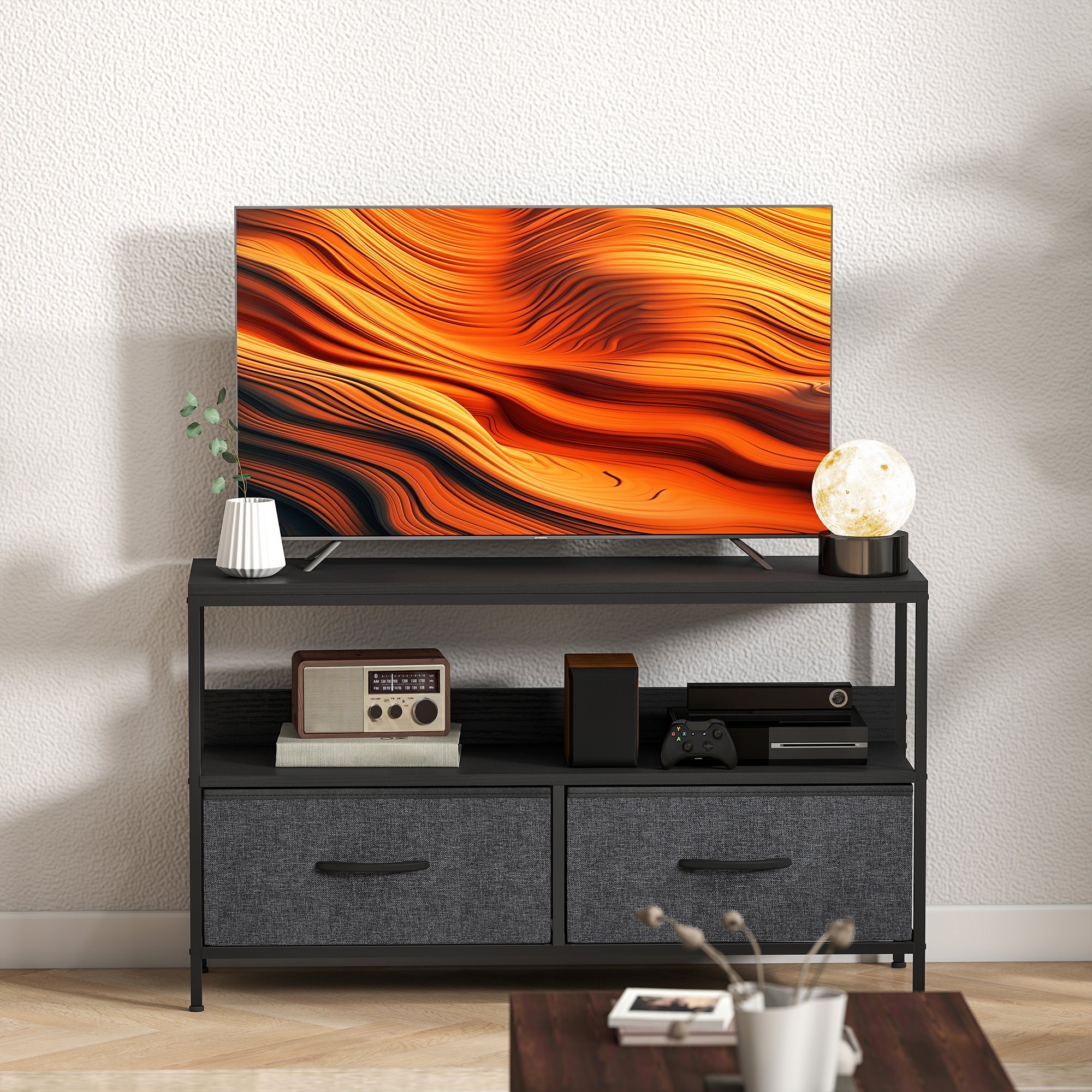 TV Stand Cabinet with 2 Foldable Drawers - Black
