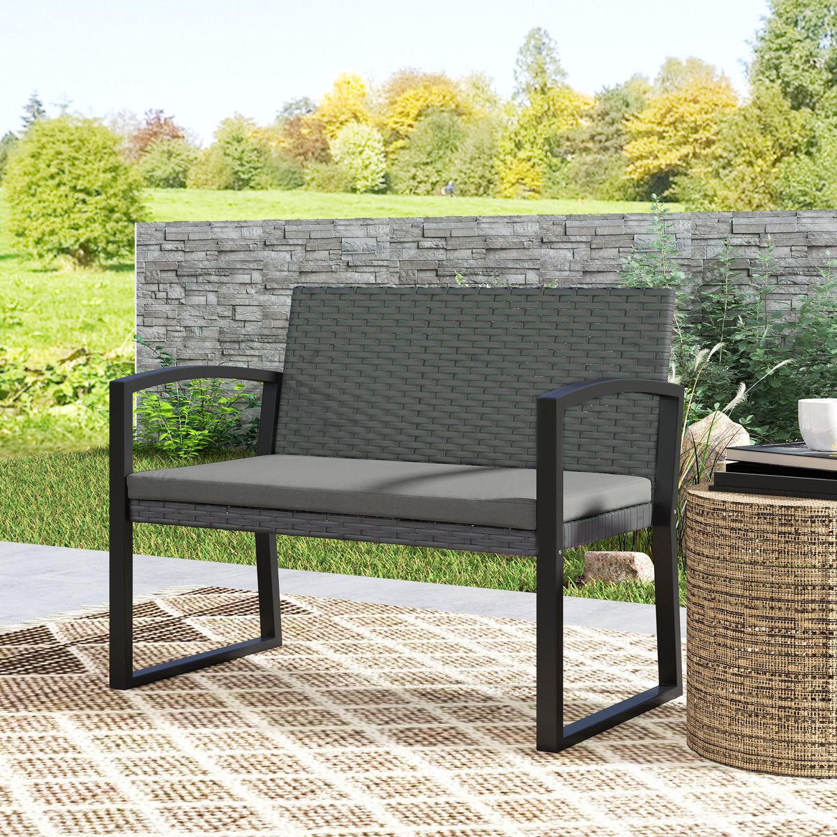 Outsunny Two-Seater Rattan Garden Bench - Light Grey