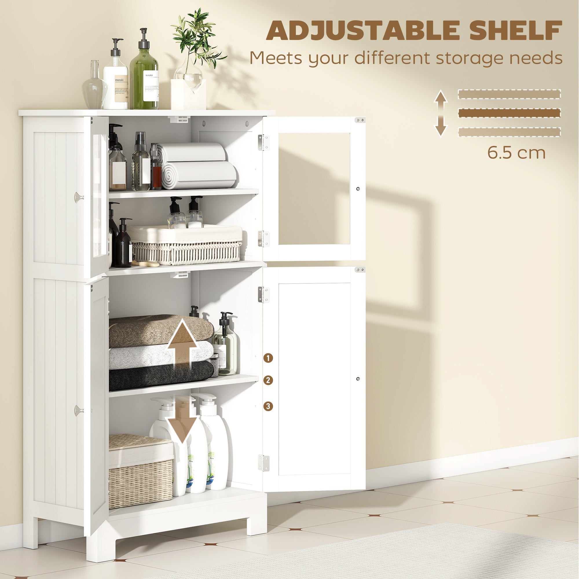 kleankin Bathroom Floor Cabinet, Freestanding Kitchen Cupboard with 2 Drawers, Adjustable Shelves and Tempered Glass Door, Wooden  Storage Unit for Living Room Kitchen Hallway
