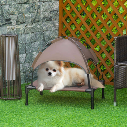 PawHut Outdoor Dog Bed with Removable Canopy, Portable Raised Dog Bed for Camping, Garden & Beach, Water-Resistant UV-Protection Mesh Pet Cot Sun Lounger, for Small Pets, 61 x 46 x 62 cm, Brown