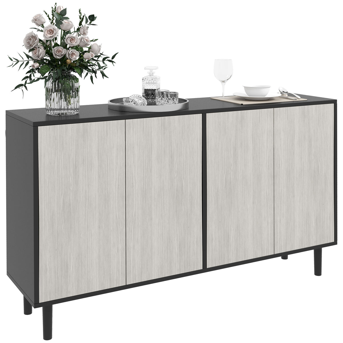 Kitchen Sideboard Storage Cabinet for Living Room with Adjustable Shelves 4 Doors and Pine Wood Legs Black