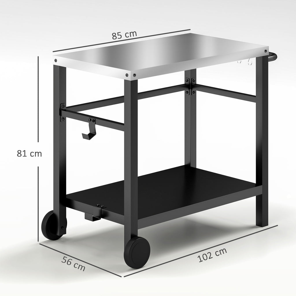 Outsunny Outdoor Grill Dining Cart 2-Shelf Movable Pizza Oven Table Stand with Stainless Steel Top, Portable BBQ Trolley Food Prep Outdoor Kitchen Barbecue Station with Hooks Wheels, Charcoal Grey