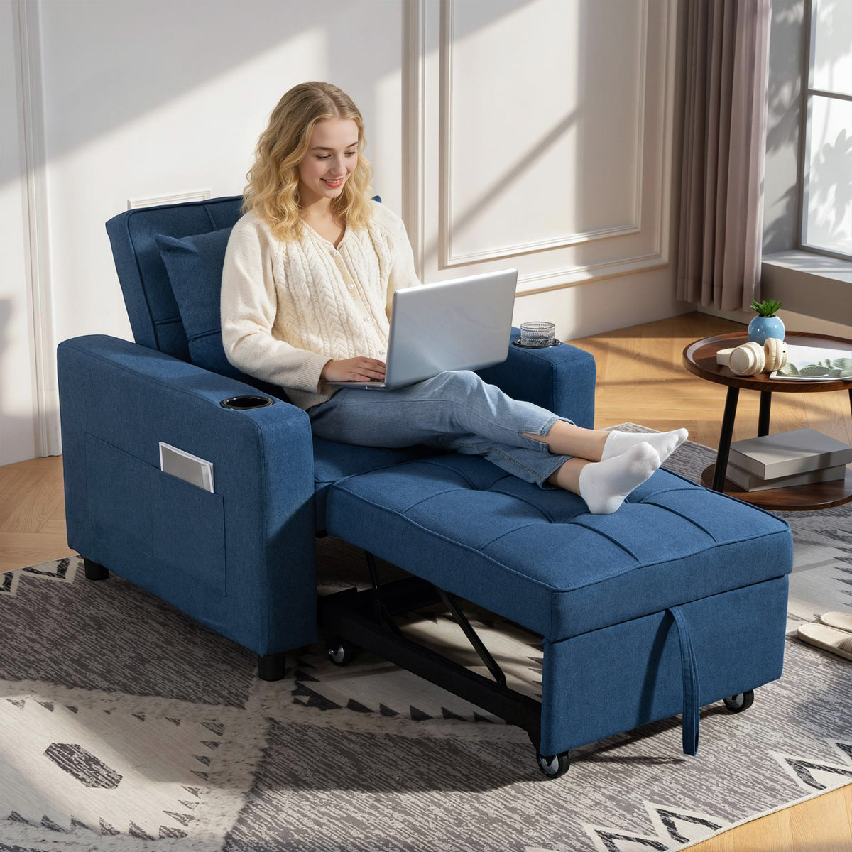 3-in-1 Single Sofa Bed, Convertible Sleeper Chair Bed with 3-level Adjustable Back - Dark Blue