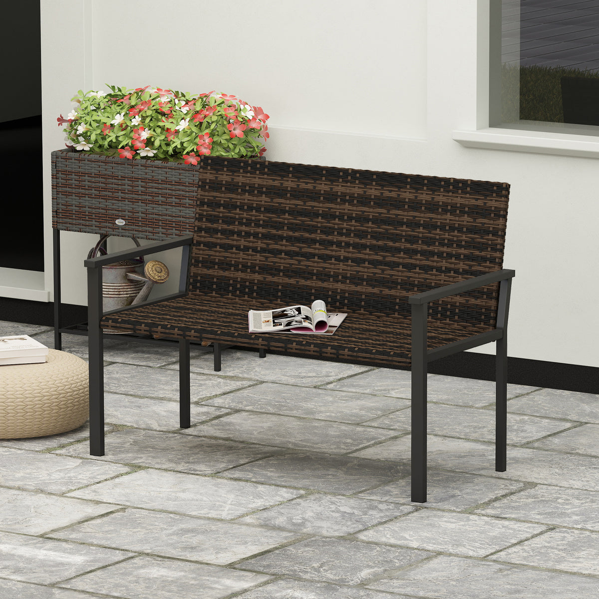 Outsunny 2 Seater Rattan Garden Bench, Outdoor Bench with Quick-Drying Cotton Padding, Wicker Garden Loveseat with Armrests, Steel Frame for Patio, Park, Mixed Brown