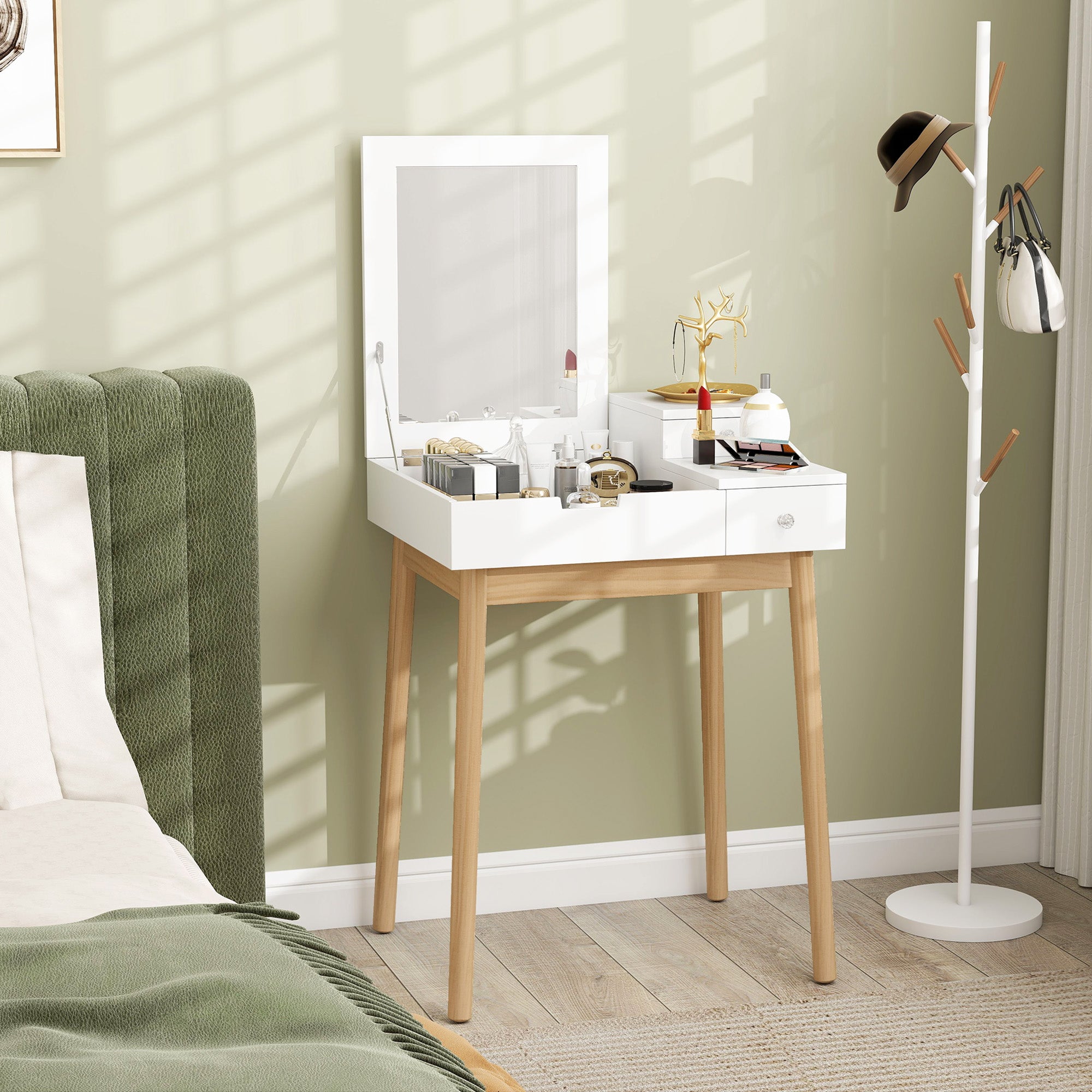 HOMCOM Dressing Table with Flip-up Mirror, Makeup Desk with 2 Drawers and Pine Wood Legs, Vanity Table Writing Desk for Bedroom Living Room, White
