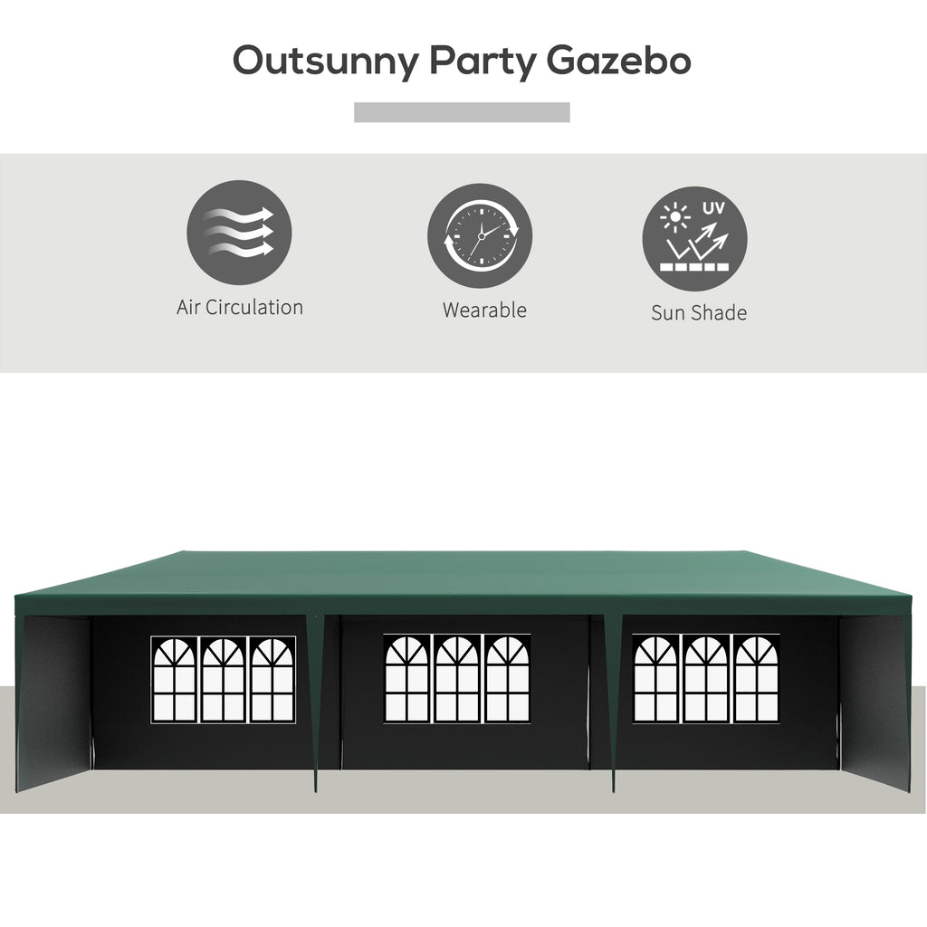 Outsunny 9 x 3 m Party Tent Gazebo Marquee Outdoor Patio Canopy Shelter with Windows and Side Panels Green