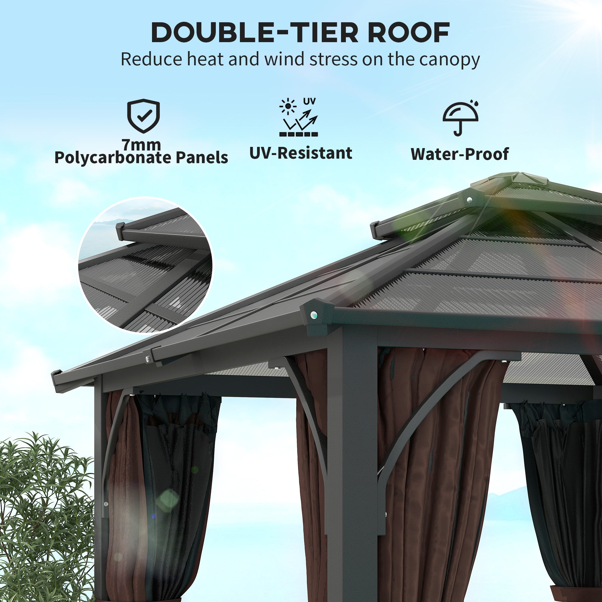 Outsunny 3 x 3(m) Hardtop Gazebo Canopy with 7mm Polycarbonate Double-Tier Roof, Garden Gazebo Permanent Pavilion with Mosquito Netting and Curtains for Patio, Terrace, Brown