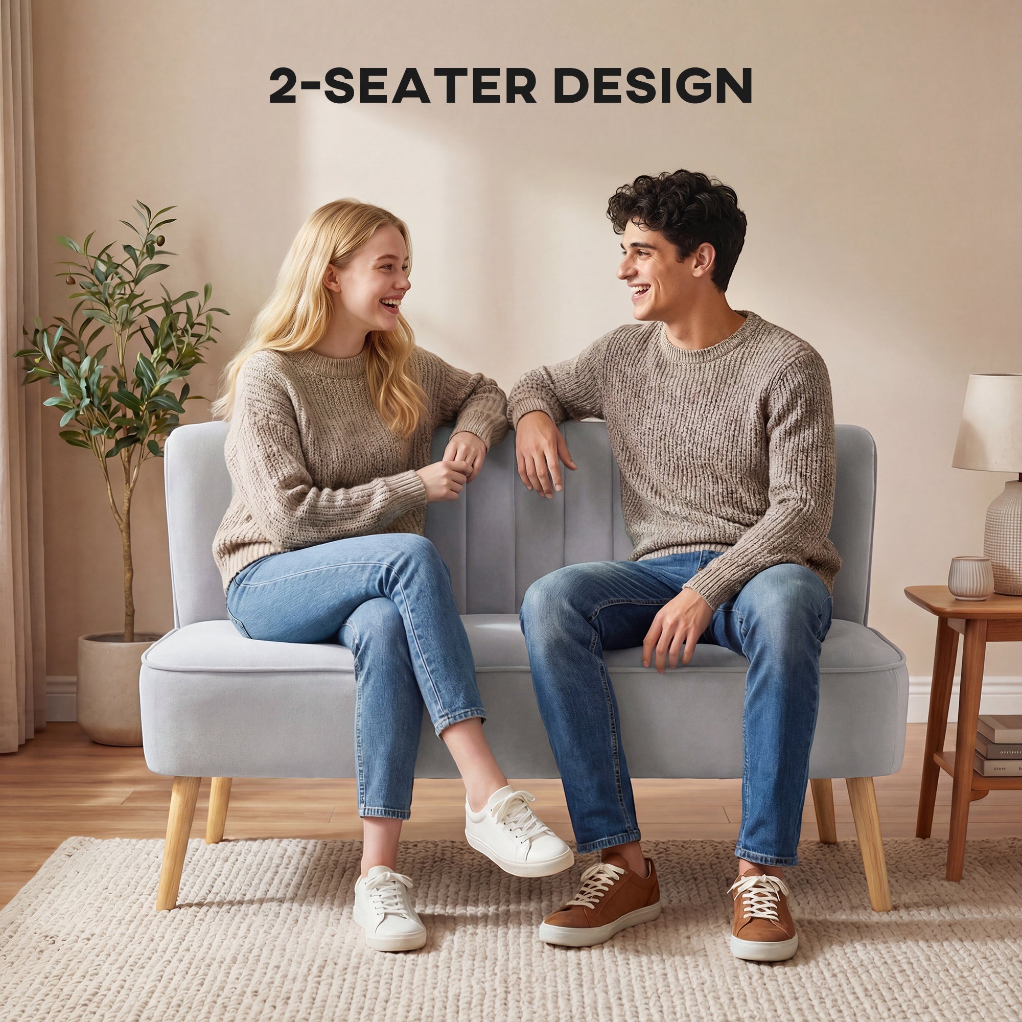 HOMCOM Modern Velvet Double Seat Sofa w/ Wood Frame Foam Padding Soft Comfortable Compact Couch Light Grey