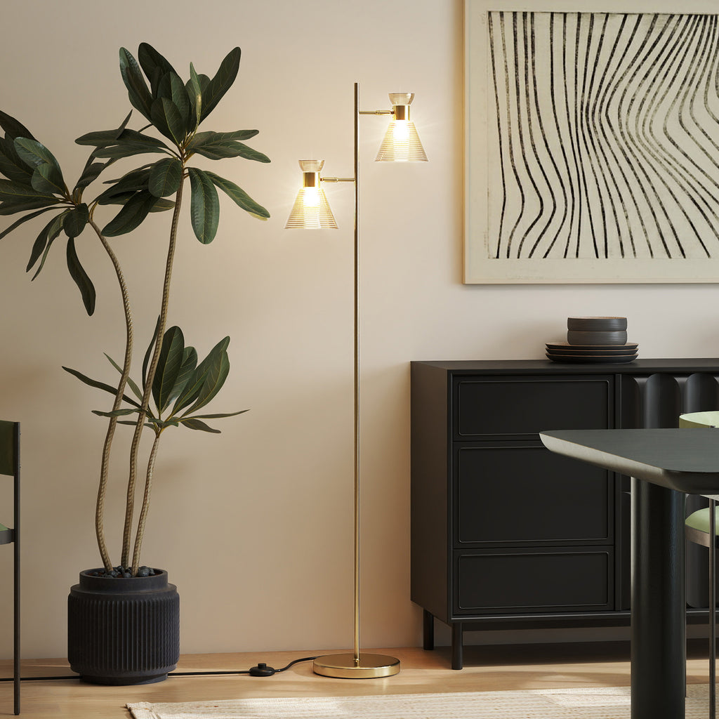 Floor Lamp with Adjustable Dual Head, Modern Standing Lamp with Floral Glass Shades and Foot Switch for Living Room Bedroom, E27 Socket, Bulb Not Included, Gold Tone