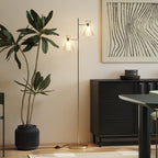 Floor Lamp with Adjustable Dual Head, Modern Standing Lamp with Floral Glass Shades and Foot Switch for Living Room Bedroom, E27 Socket, Bulb Not Included, Gold Tone