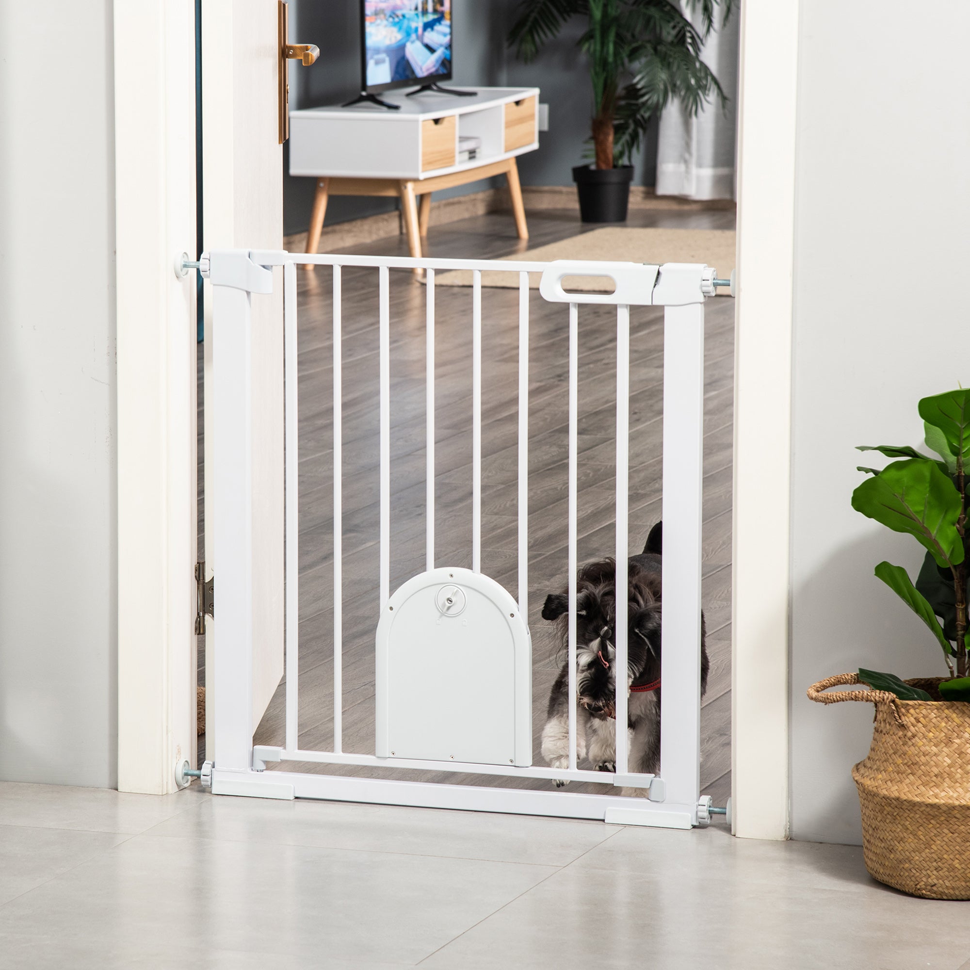 PawHut Dog Gate with Cat Flap Pet Safety Gate Barrier, Stair Pressure Fit, Auto Close, Double Locking, for Doorways, Hallways, 75-103 cm White
