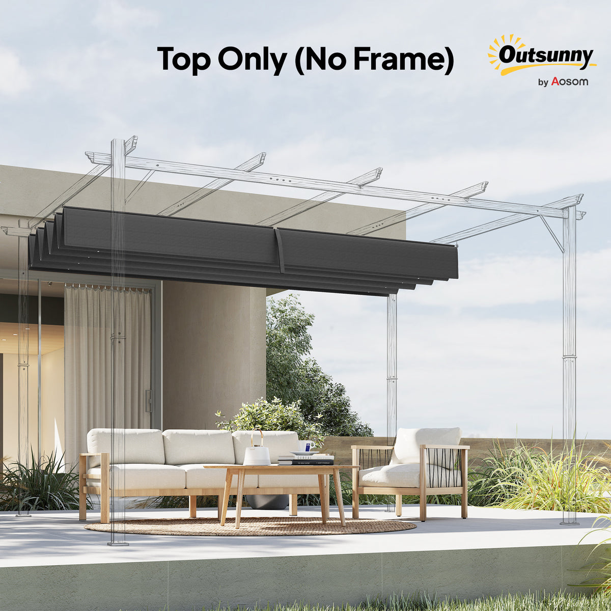 Outsunny Pergola Cover Roof, 2.86 x 2.45 m Retractable Sun Shade Top for 3 x 2m Pergola Frame, UV30+ Protected, Dark Grey