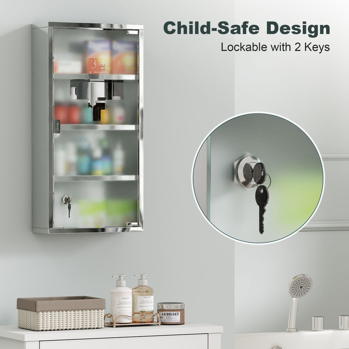4 Tier Stainless Steel Wall Mounted Medicine Cabinet Glass Lockable Door Storage Shelves Houseware Bathroom Furniture 60Hx30Wx12D(cm) w/2 Keys